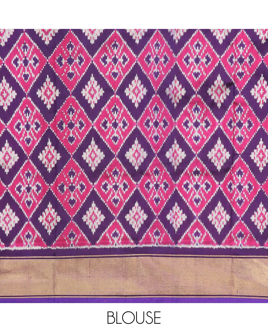 Violet Ikkat Silk Saree Elevated with Ikkat Geometric Designs, Subtly Designed Plain Zari Border, Ikkat Jaal-Patterned Pallu, and a Matching Blouse - Image 6