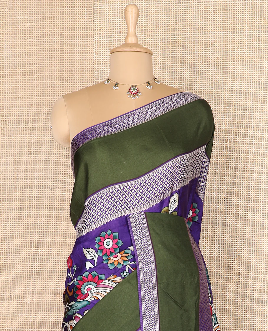 Violet kalamkari floral vine printed dola silk saree, contrast traditional design border, and striped pallu - Image 3
