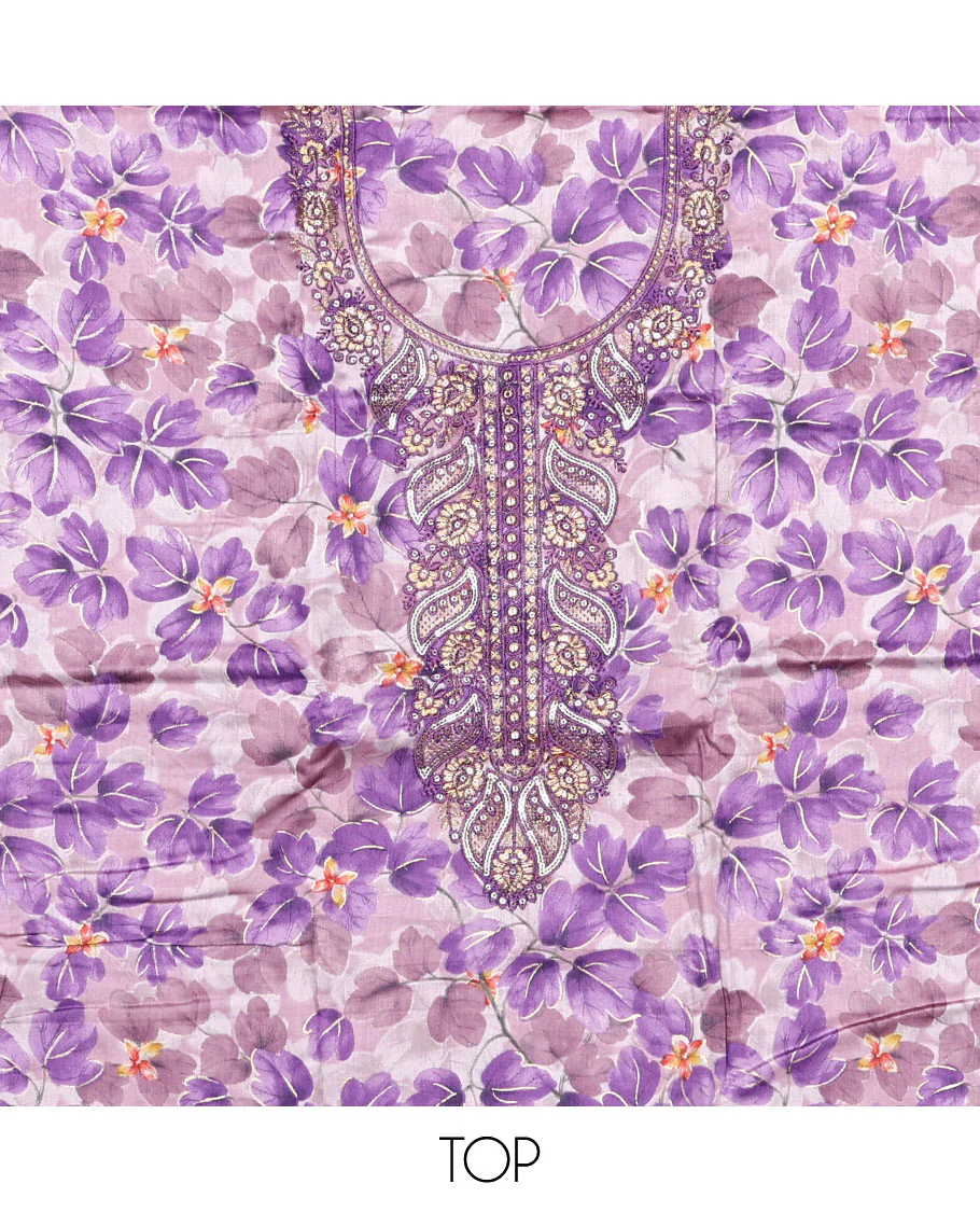 Violet material chudidar set, floral print and neck embroidered top, plain bottom, and floral jaal embroidered dupatta - Image 2