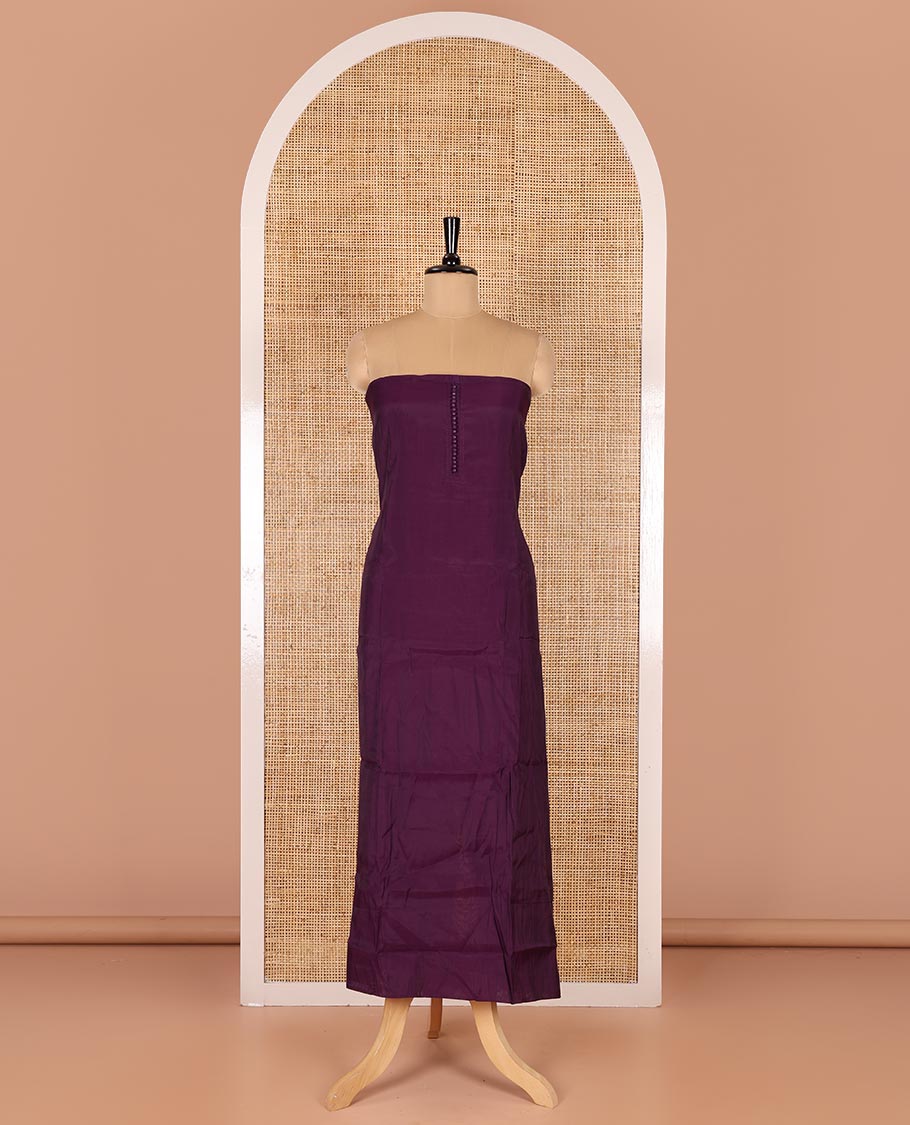 Violet material chudidar set, plain with pom-pom tasseled mul chanderi top, a matching bottom, and organza dupatta of stripes - Image 3