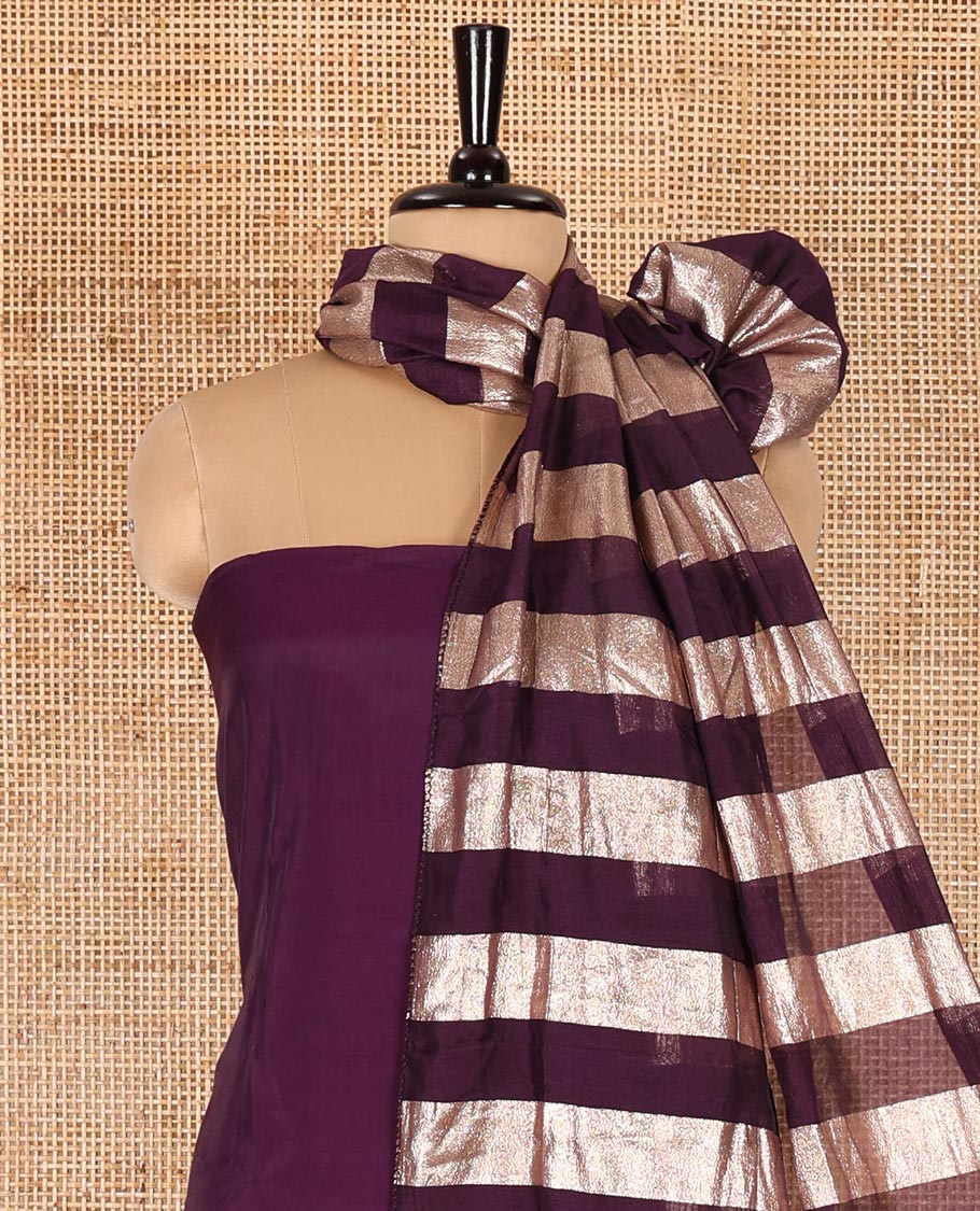 Violet material chudidar set, plain with pom-pom tasseled mul chanderi top, a matching bottom, and organza dupatta of stripes - Image 4