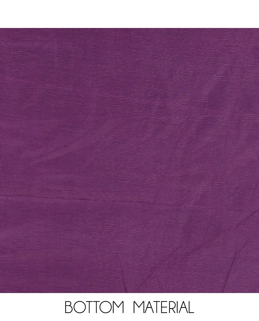Violet material chudidar set, plain with pom-pom tasseled mul chanderi top, a matching bottom, and organza dupatta of stripes - Image 5