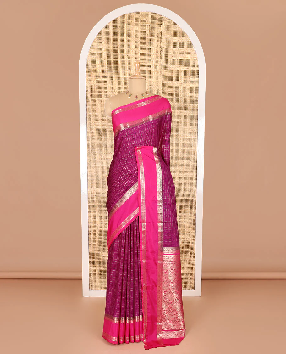 Violet maze geometric-patterned semi-mysore silk saree, contrast rettai pettu traditional zari border, intricate pallu, and a contrast geometric-patterned zari-bordered blouse - Image 2
