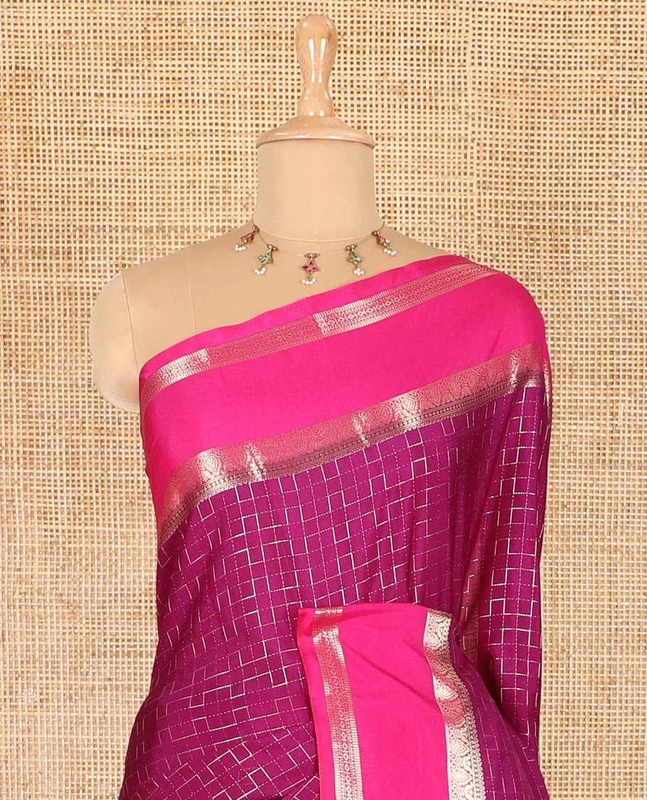 Violet maze geometric-patterned semi-mysore silk saree, contrast rettai pettu traditional zari border, intricate pallu, and a contrast geometric-patterned zari-bordered blouse - Image 3