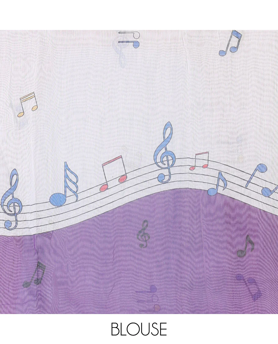 Violet musical-note-motif-printed chanderi cotton saree with contrast musical-note-motif-printed piping border, and a matching blouse - Image 3