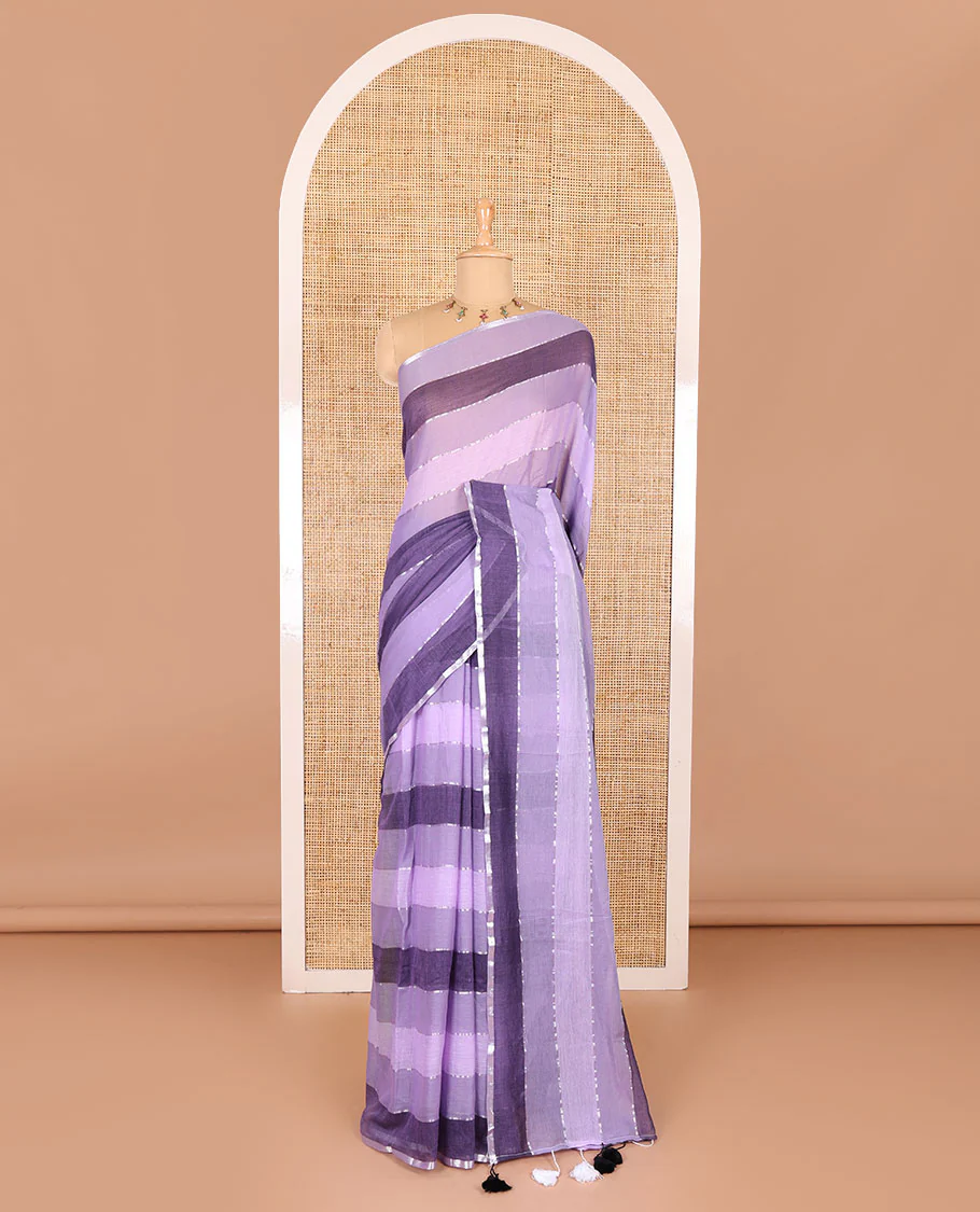 Violet ombre-colored striped khadi mul cotton saree, zari piping border, striped pallu, and a matching striped blouse - Image 2