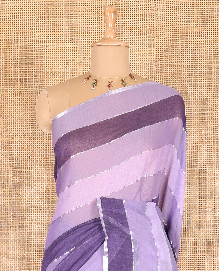Violet ombre-colored striped khadi mul cotton saree, zari piping border, striped pallu, and a matching striped blouse - Image 3
