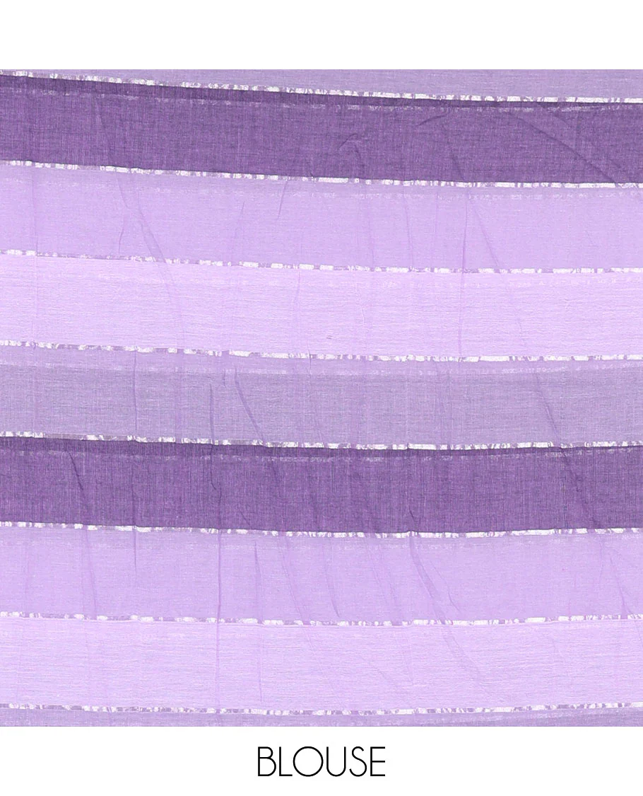 Violet ombre-colored striped khadi mul cotton saree, zari piping border, striped pallu, and a matching striped blouse - Image 4