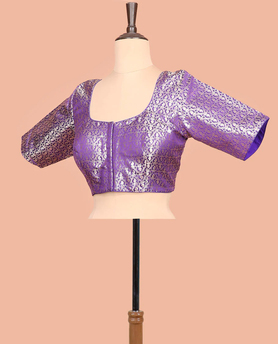 Violet paisleys-theme jacquard front-back round neck elbow-sleeve readymade blouse