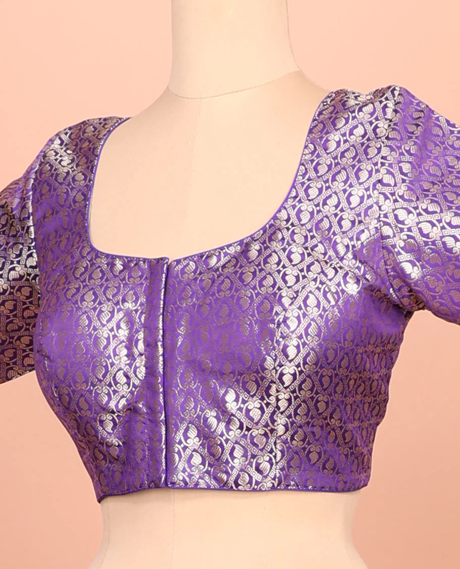 Violet paisleys-theme jacquard front-back round neck elbow-sleeve readymade blouse - Image 2