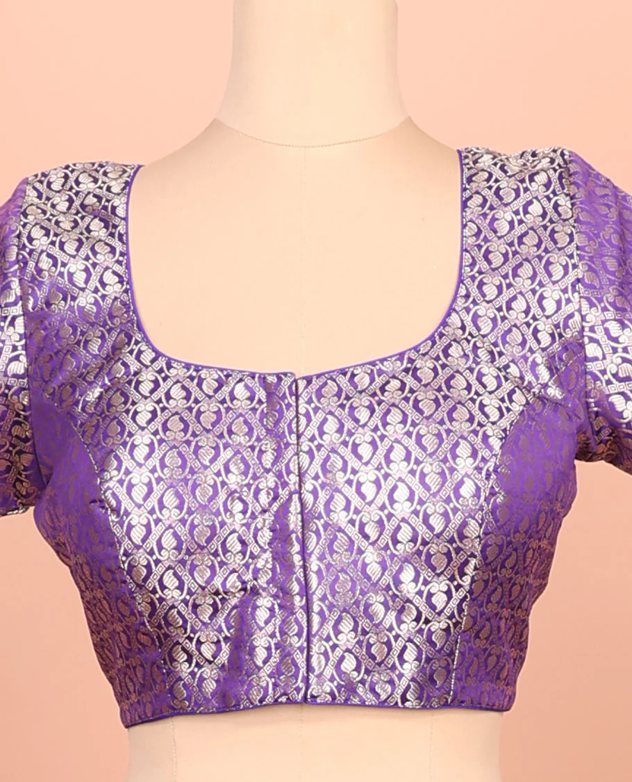 Violet paisleys-theme jacquard front-back round neck elbow-sleeve readymade blouse - Image 4
