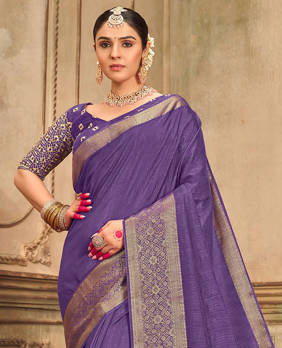 Violet plain designer saree, patola-style motifs woven border, and zari striped pallu - Image 2