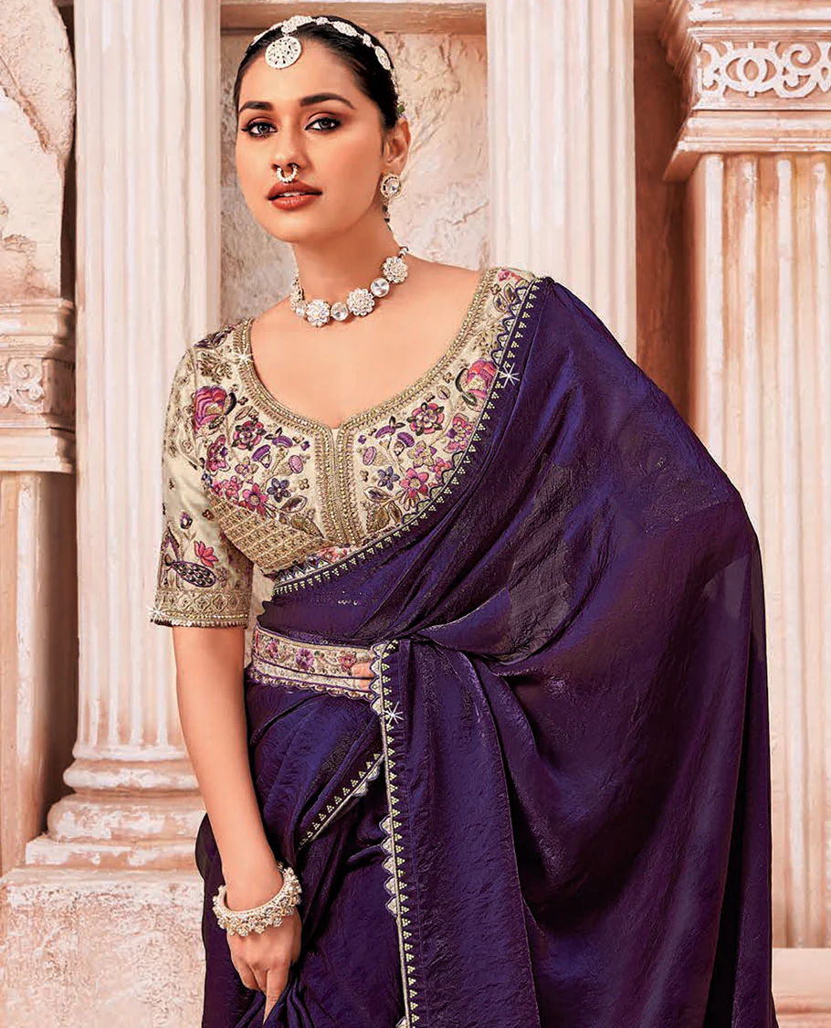 Violet Plain Designer Saree with Temple Lace Border, a Readymade Blouse, a Contrast Embroidered Belt, and a Pair of Free Embroidered Punjabi Shoes - Image 2
