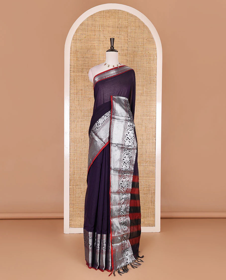 Violet plain mercerised cotton saree, contrast traditional zari border of elephant and peacock designs, striped pallu, and plain blouse - Image 2