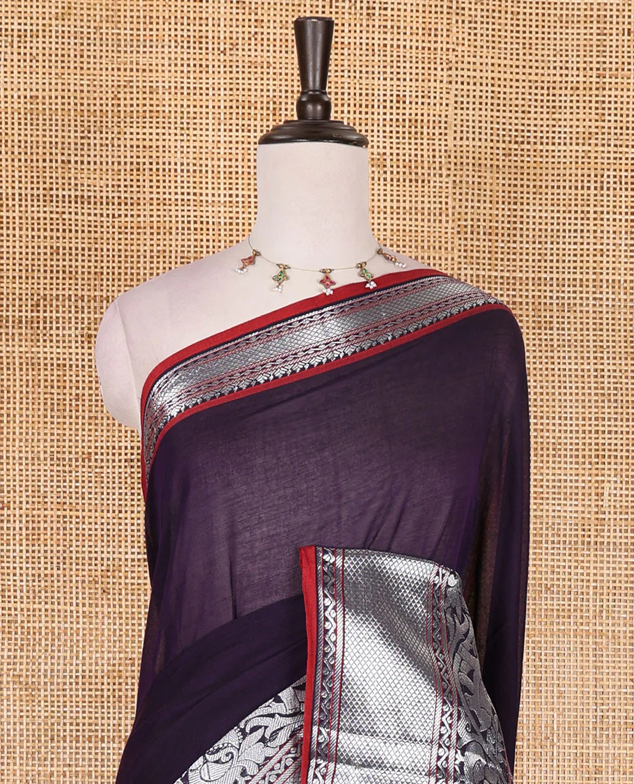 Violet plain mercerised cotton saree, contrast traditional zari border of elephant and peacock designs, striped pallu, and plain blouse - Image 3