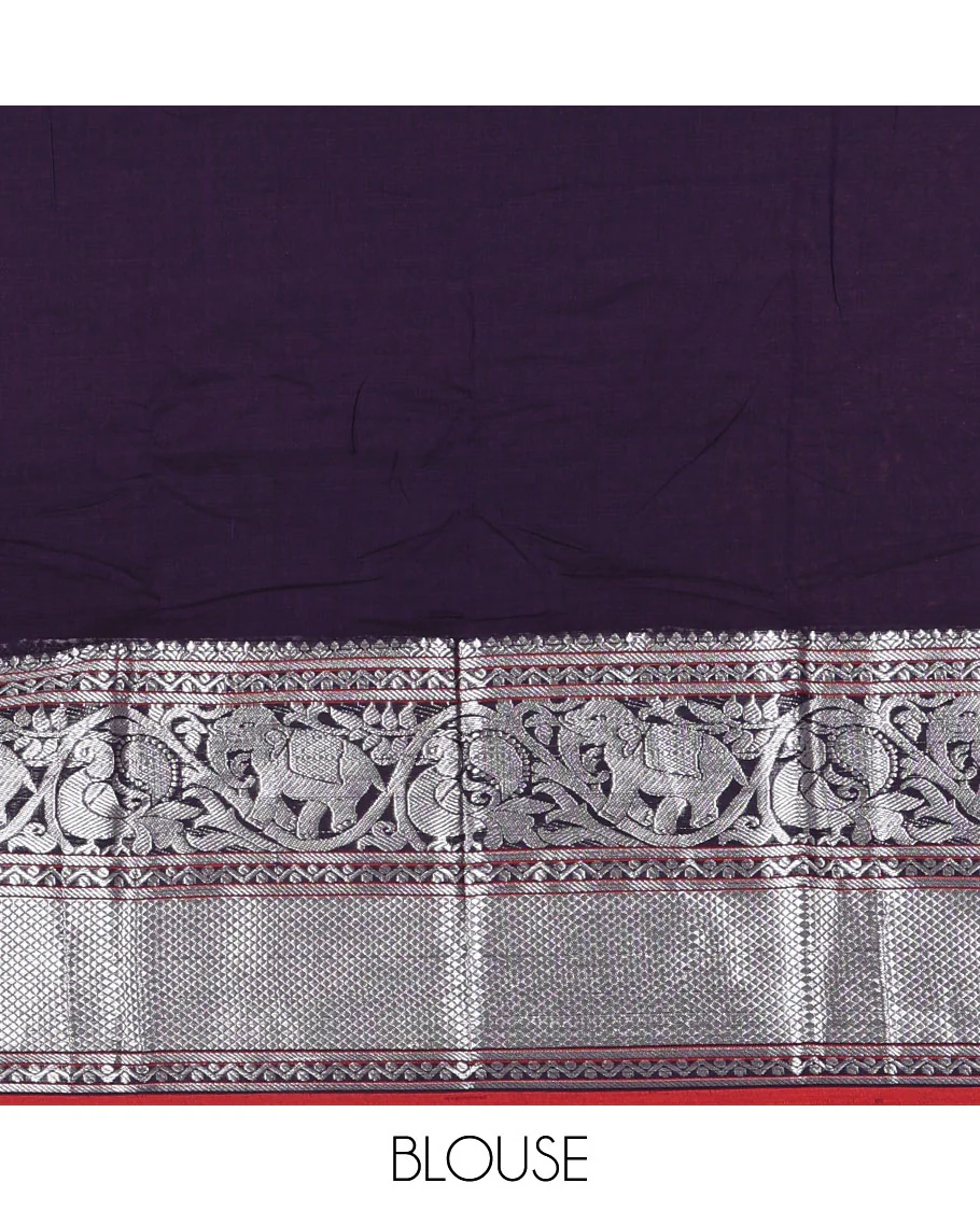 Violet plain mercerised cotton saree, contrast traditional zari border of elephant and peacock designs, striped pallu, and plain blouse - Image 4