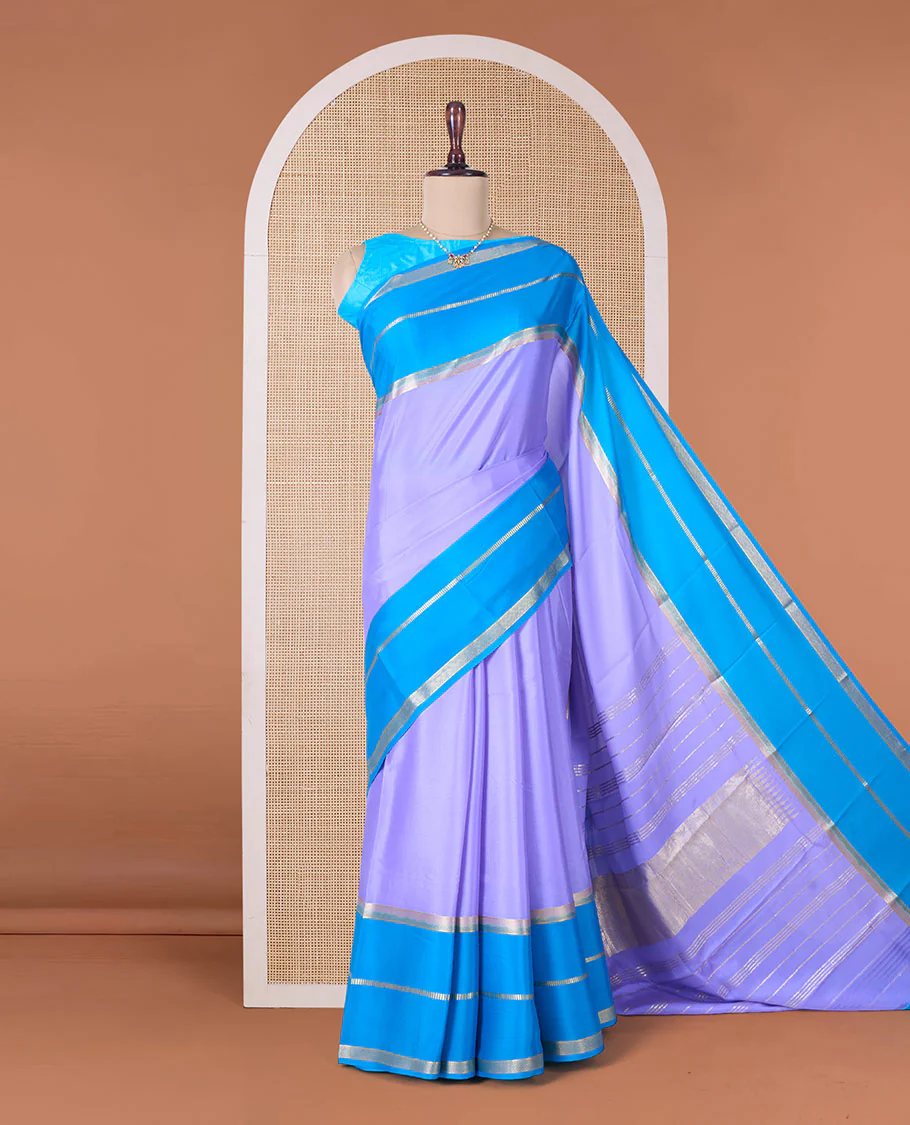 Violet plain Mysore silk saree, contrast rettai pettu traditional zari border, and striped pallu - Image 2