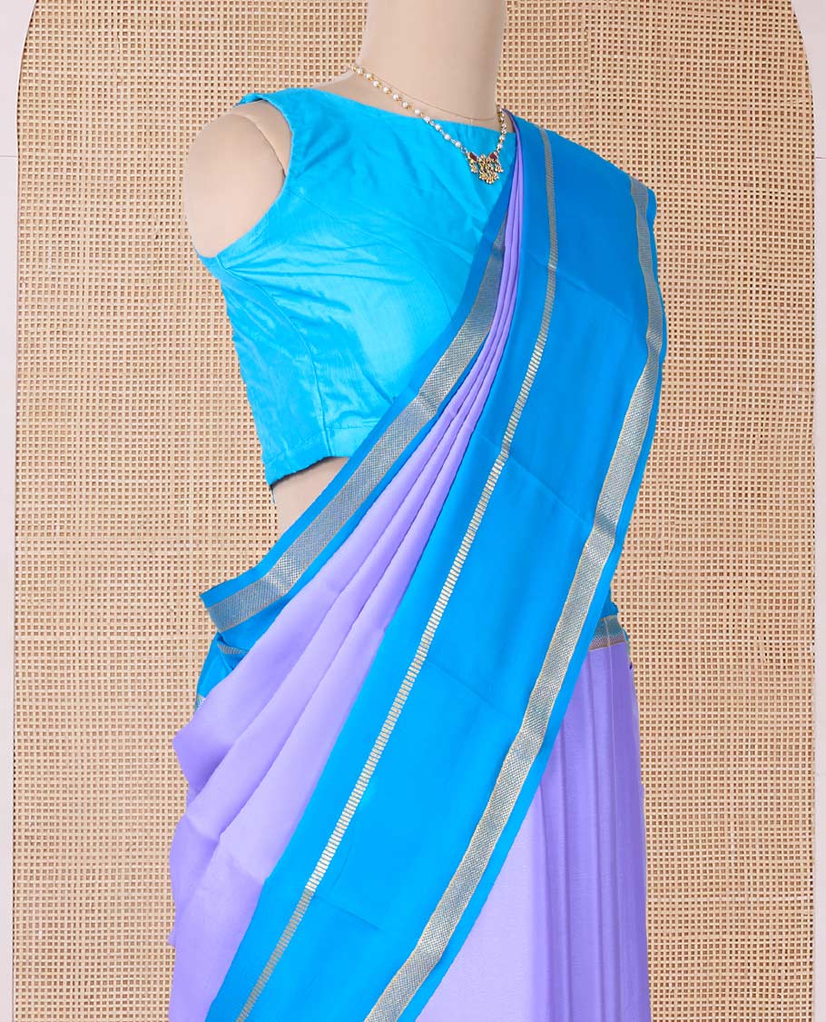 Violet plain Mysore silk saree, contrast rettai pettu traditional zari border, and striped pallu - Image 3