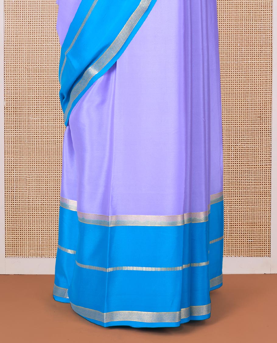 Violet plain Mysore silk saree, contrast rettai pettu traditional zari border, and striped pallu - Image 4