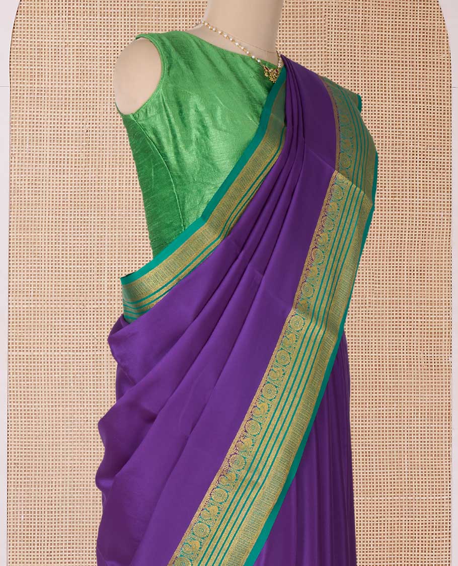 Violet plain Mysore silk saree, contrast traditional zari border of Peacock chakram, and pallu steeped with traditional zari designs - Image 3