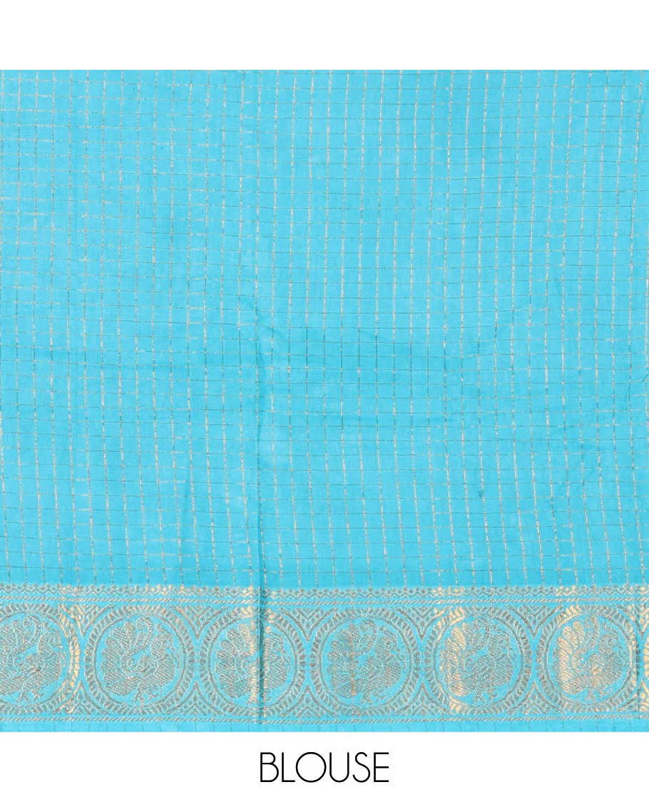 Violet plain sungudi cotton saree with contrast traditional border of peacocks, zari striped pallu, and a contrast zari checked blouse - Image 3