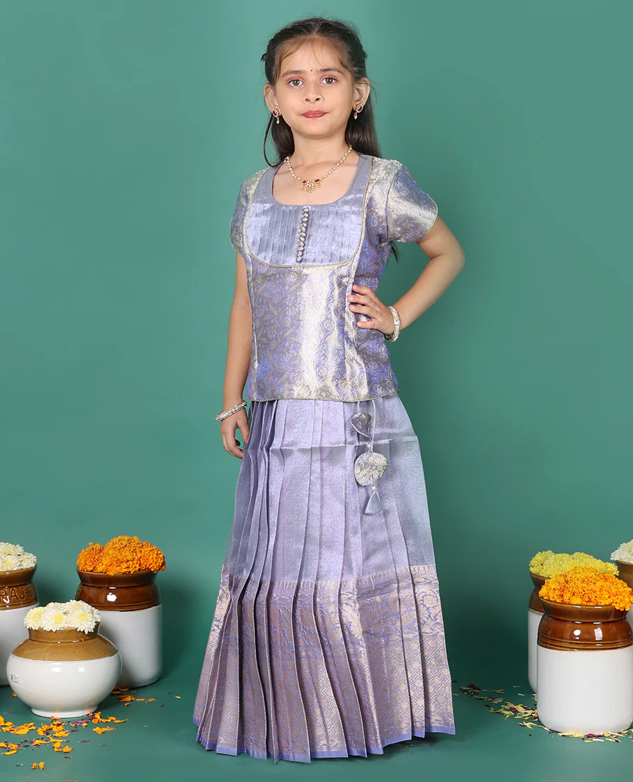 Violet readymade art silk pavadai, traditional zari border skirt, & jacquard short-sleeve round-neck blouse - Image 3