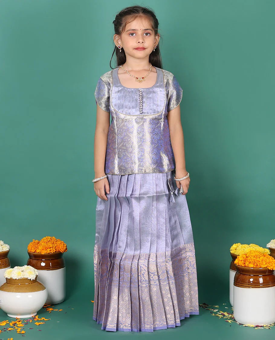 Violet readymade art silk pavadai, traditional zari border skirt, & jacquard short-sleeve round-neck blouse - Image 4