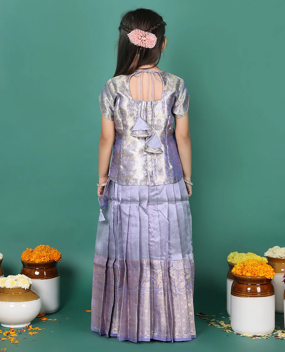 Violet readymade art silk pavadai, traditional zari border skirt, & jacquard short-sleeve round-neck blouse - Image 5