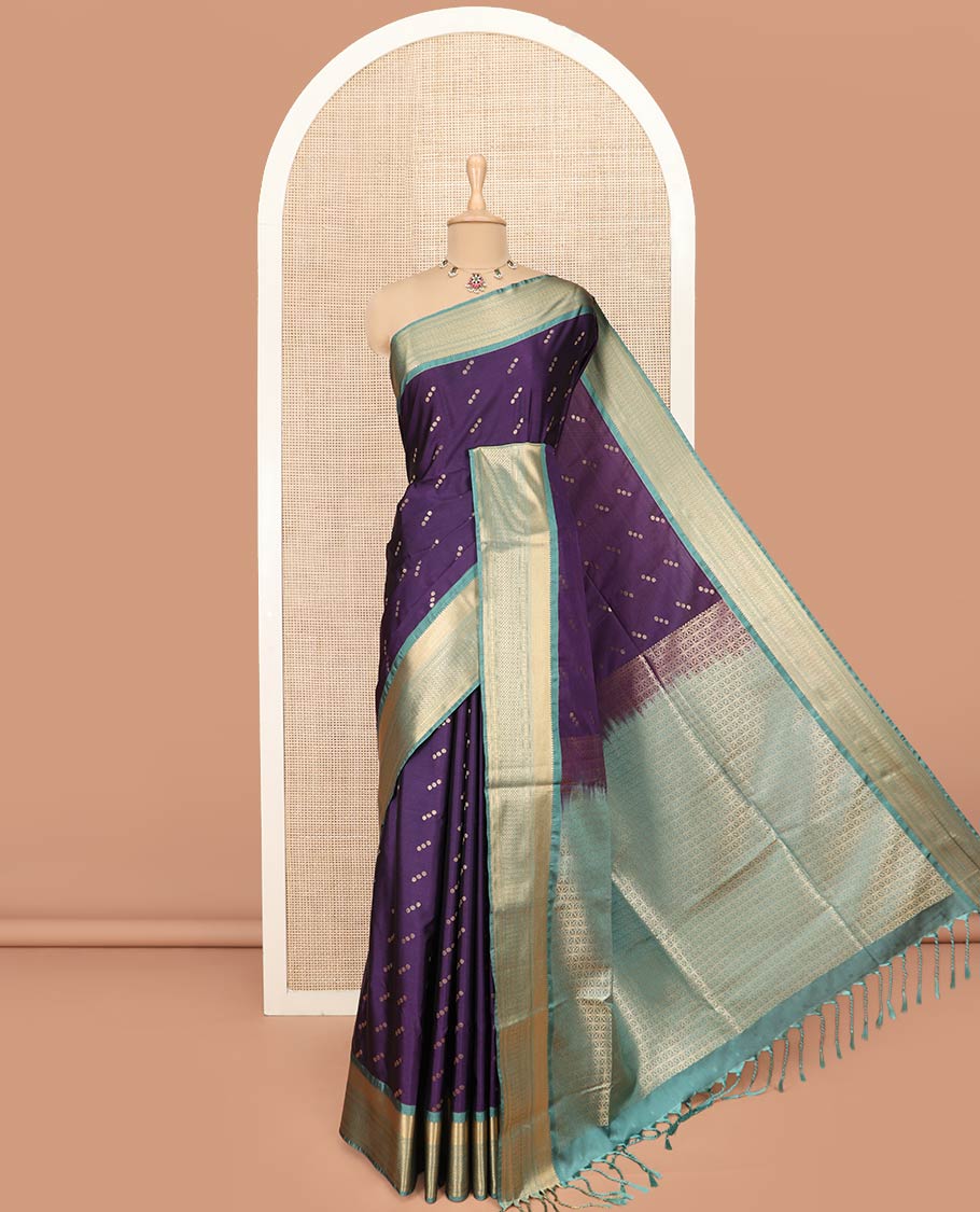 Violet Semi-Soft Silk Saree Enthralled with Polka Dot Buttas, Complemented by Contrast Traditional Zari Design Border, Pallu with Intricate Designs, and Paired with a Contrast Blouse
