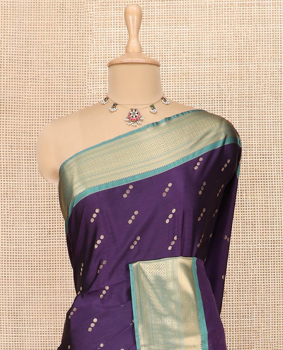 Violet Semi-Soft Silk Saree Enthralled with Polka Dot Buttas, Complemented by Contrast Traditional Zari Design Border, Pallu with Intricate Designs, and Paired with a Contrast Blouse - Image 2