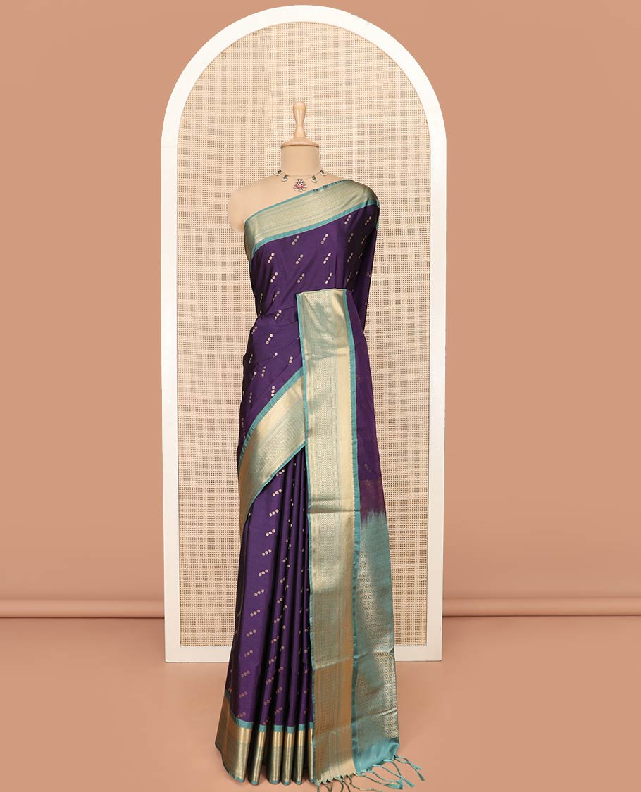 Violet Semi-Soft Silk Saree Enthralled with Polka Dot Buttas, Complemented by Contrast Traditional Zari Design Border, Pallu with Intricate Designs, and Paired with a Contrast Blouse - Image 3