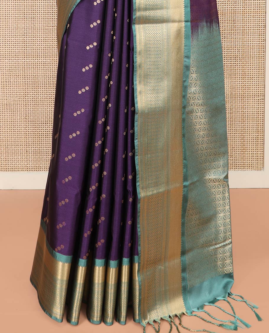 Violet Semi-Soft Silk Saree Enthralled with Polka Dot Buttas, Complemented by Contrast Traditional Zari Design Border, Pallu with Intricate Designs, and Paired with a Contrast Blouse - Image 4