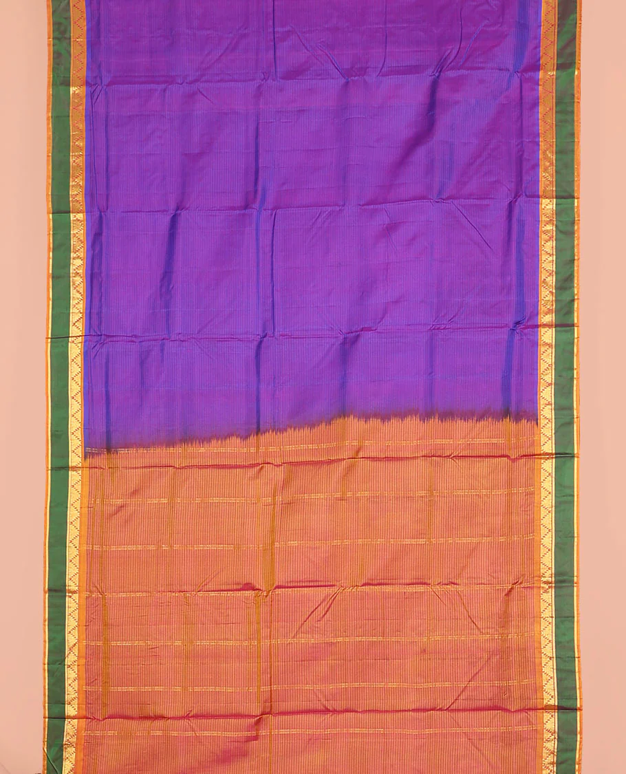 Violet striped nine-yard silk saree, contrast rettai pettu border of thazampoo rekku and kathir designs, and zari striped pallu - Image 2