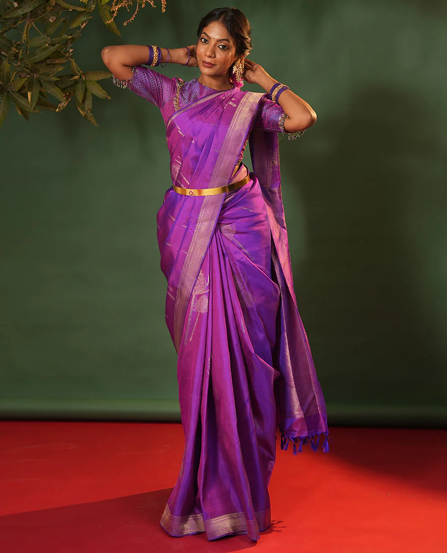Violet thazampoo rekku, and vel buttas Vasundhara silk saree, zari border of manga, muthu, kathir, neli, and vanki designs, and jaal pallu - Image 2