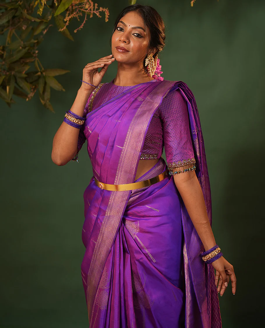 Violet thazampoo rekku, and vel buttas Vasundhara silk saree, zari border of manga, muthu, kathir, neli, and vanki designs, and jaal pallu - Image 3