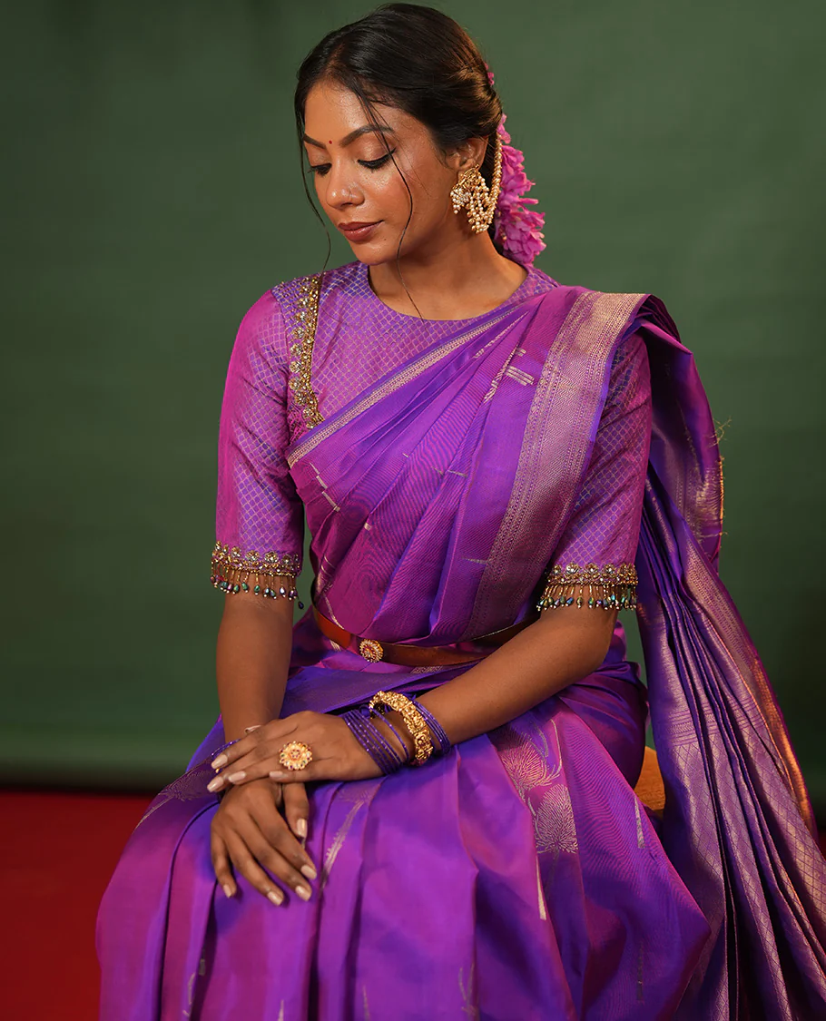 Violet thazampoo rekku, and vel buttas Vasundhara silk saree, zari border of manga, muthu, kathir, neli, and vanki designs, and jaal pallu - Image 4