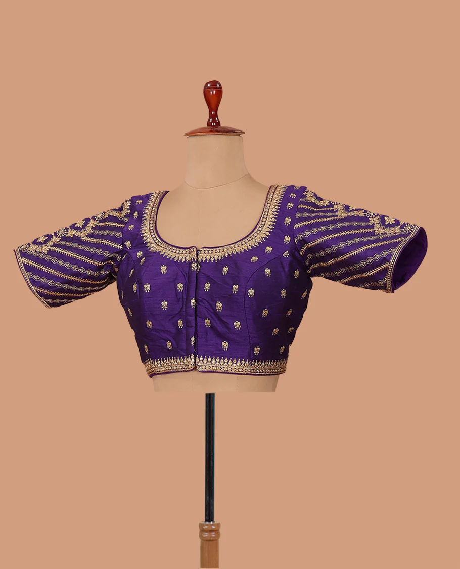 Violet thread embroidered front-back round neck elbow sleeve blouse