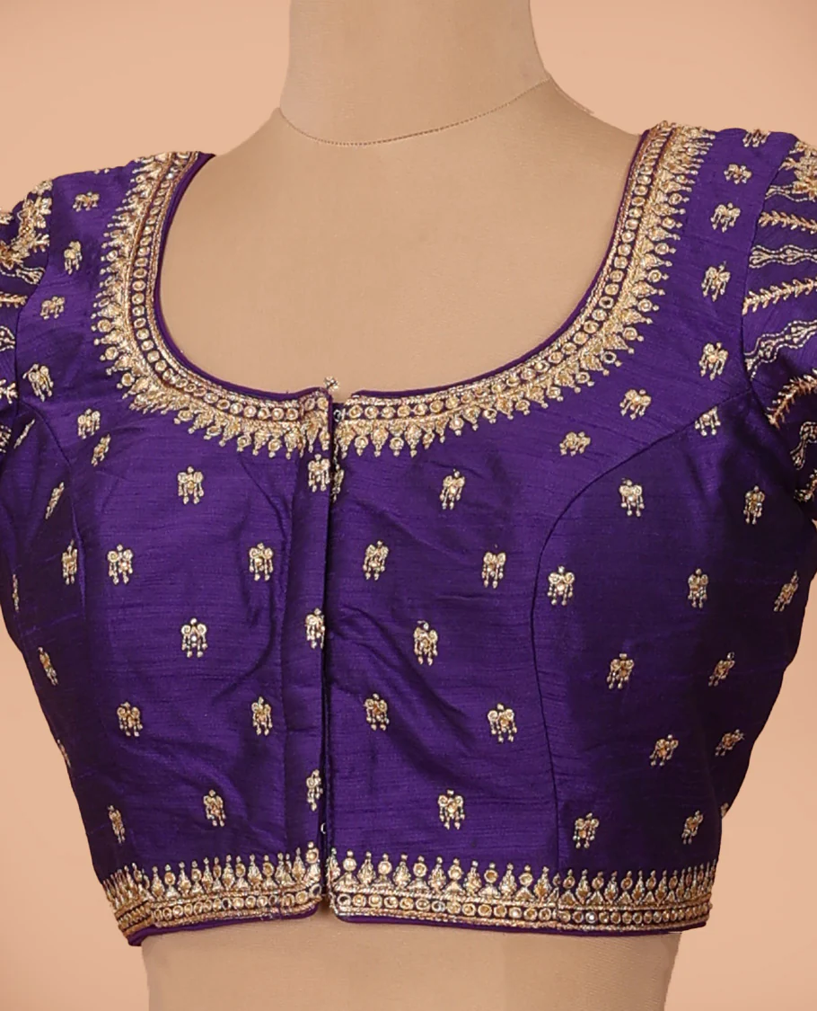Violet thread embroidered front-back round neck elbow sleeve blouse - Image 2