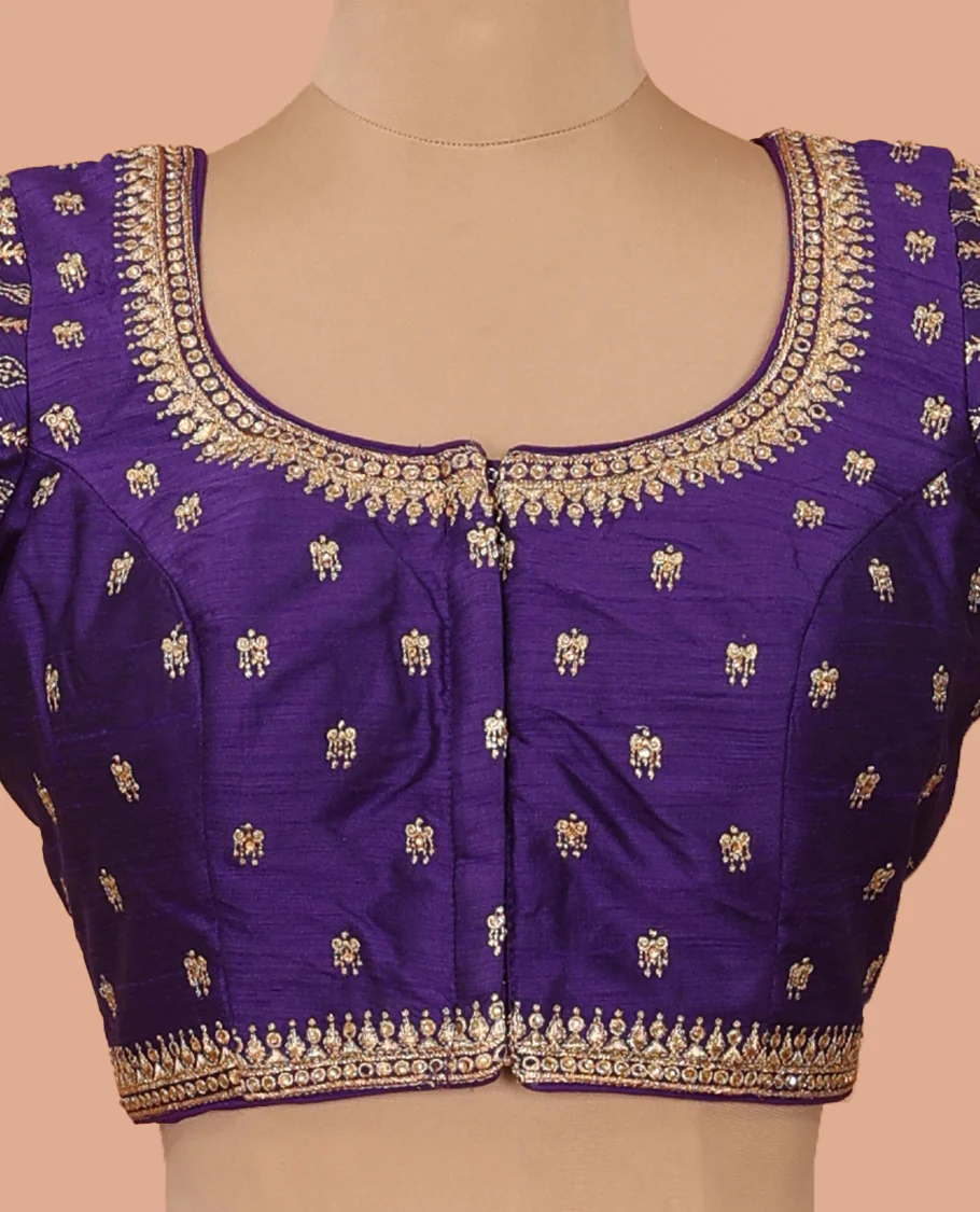 Violet thread embroidered front-back round neck elbow sleeve blouse - Image 3
