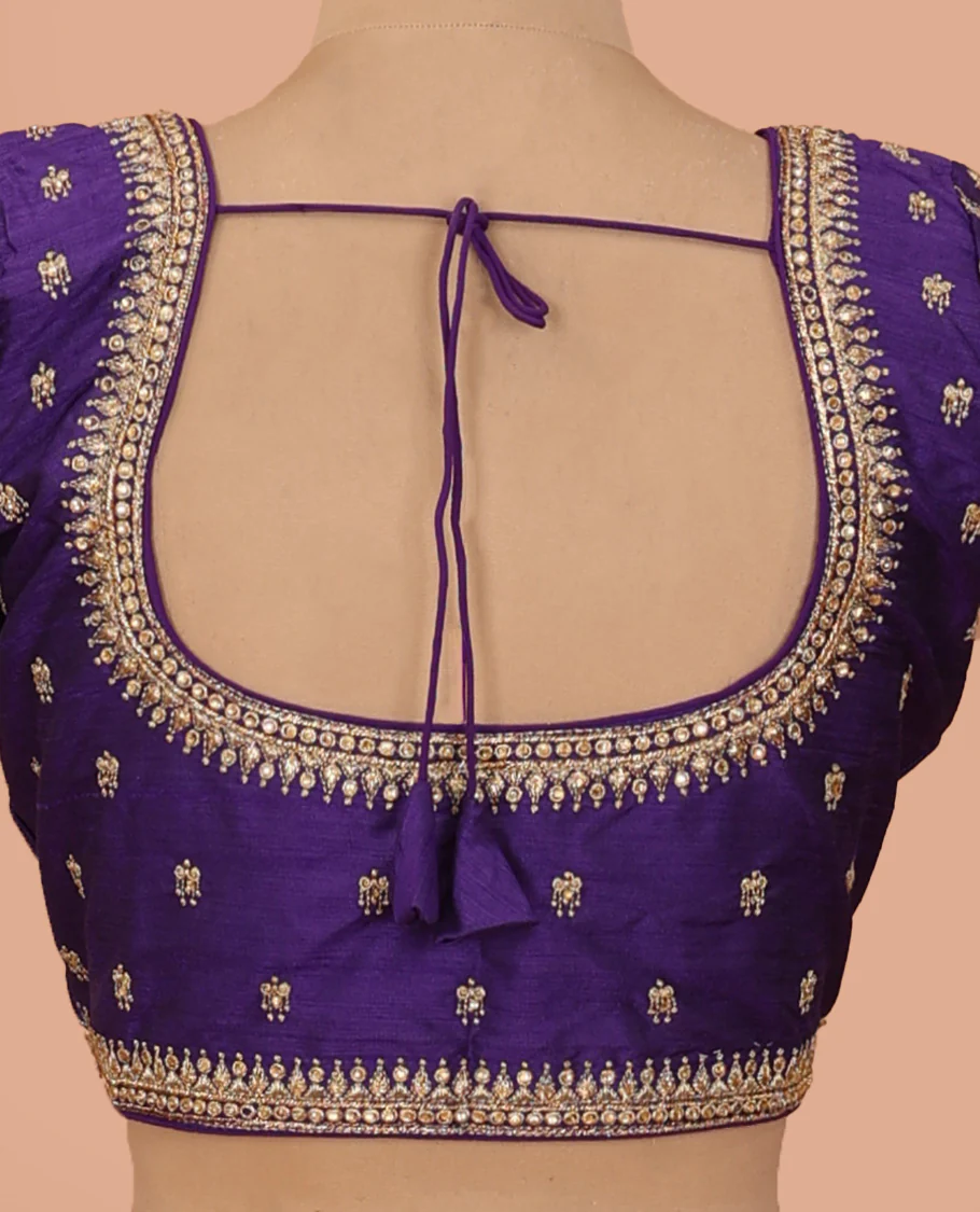 Violet thread embroidered front-back round neck elbow sleeve blouse - Image 4