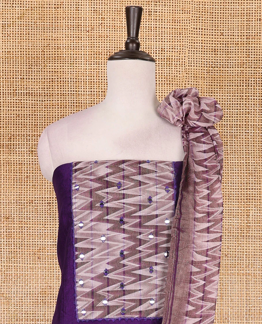 Violet Vertican silk material chudidar set, ikkat chevron striped with mirror neck embroidered top, santoon bottom, and contrast chevron striped dupatta - Image 3