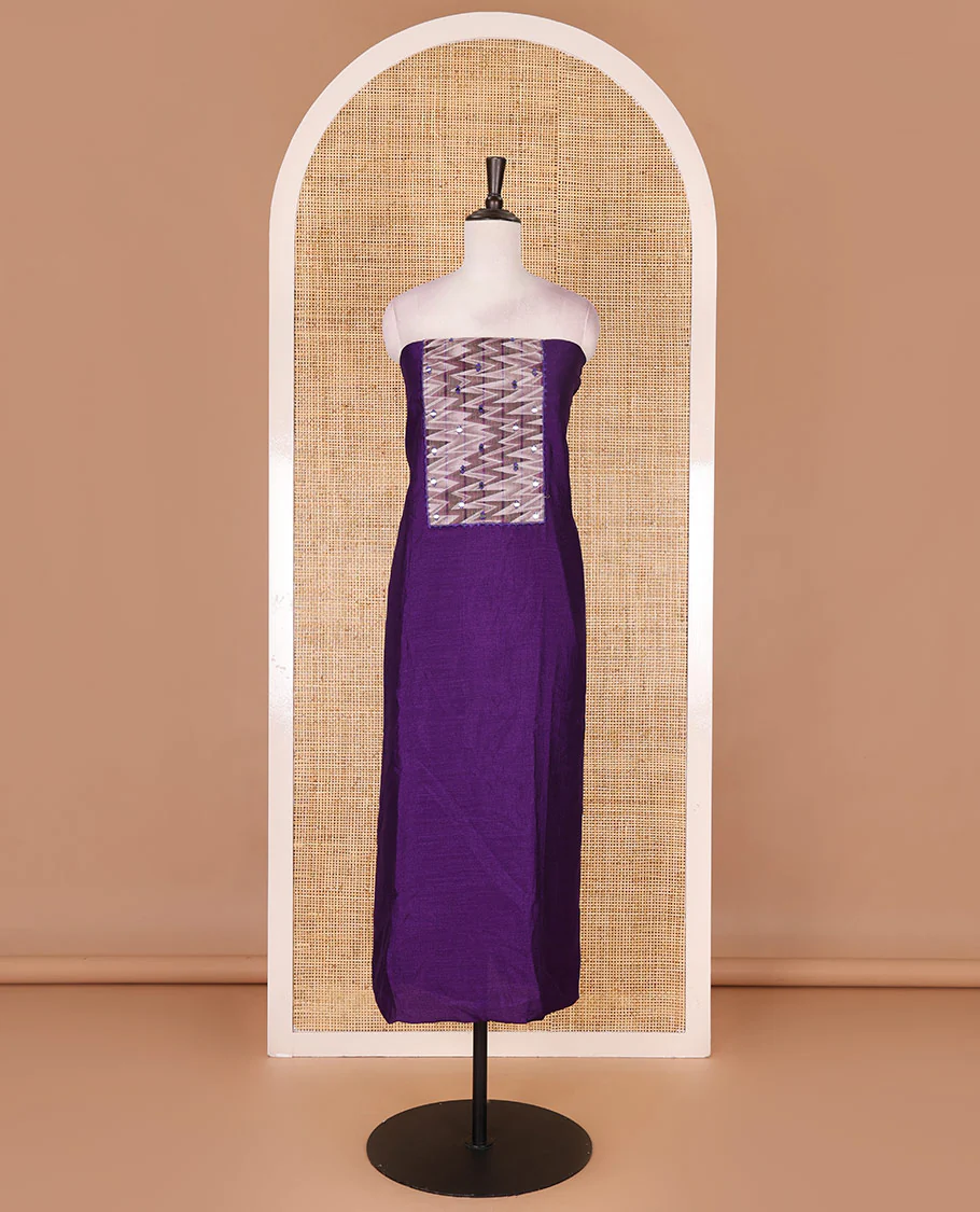 Violet Vertican silk material chudidar set, ikkat chevron striped with mirror neck embroidered top, santoon bottom, and contrast chevron striped dupatta - Image 4