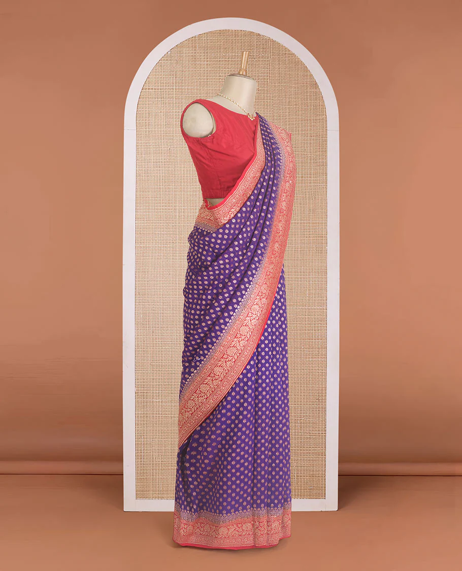 Violet zari buttas banarasi georgette saree, contrast traditional zari border, and pallu of intricate designs