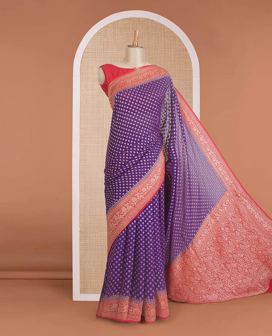 Violet zari buttas banarasi georgette saree, contrast traditional zari border, and pallu of intricate designs - Image 2