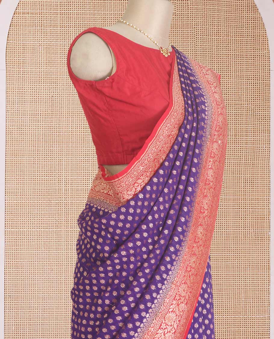 Violet zari buttas banarasi georgette saree, contrast traditional zari border, and pallu of intricate designs - Image 3