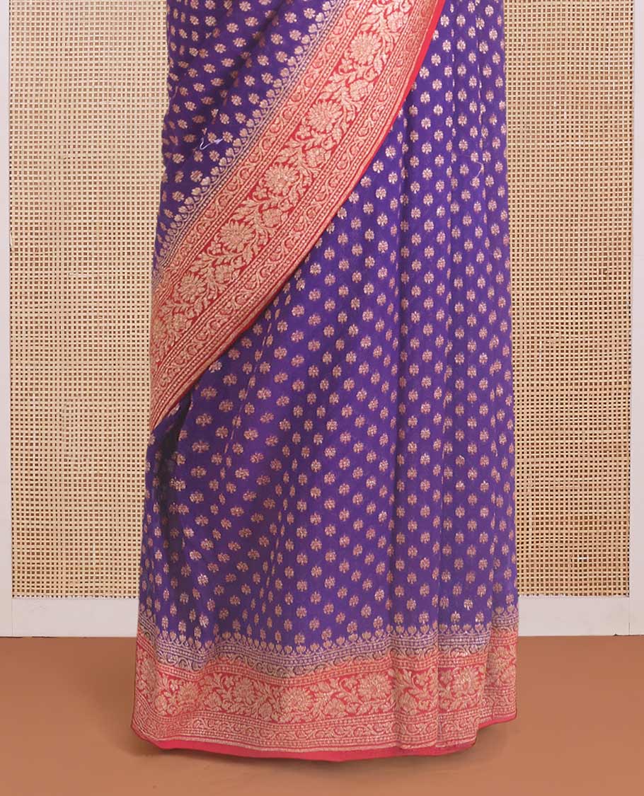 Violet zari buttas banarasi georgette saree, contrast traditional zari border, and pallu of intricate designs - Image 4