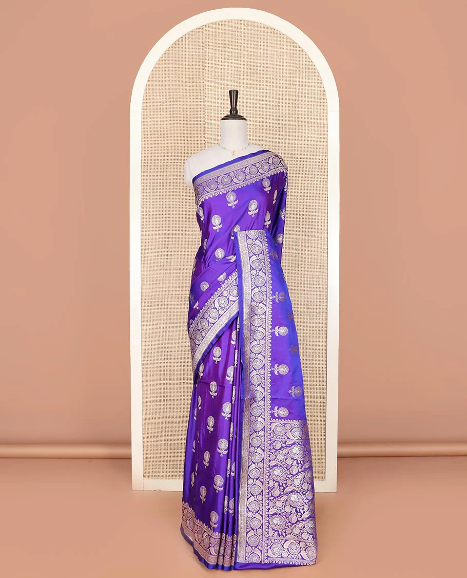 Violet zari buttas mushru silk saree, floral creeper design border, and intricately designed pallu - Image 2
