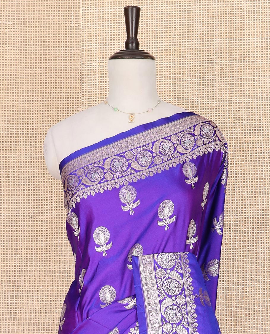 Violet zari buttas mushru silk saree, floral creeper design border, and intricately designed pallu - Image 3