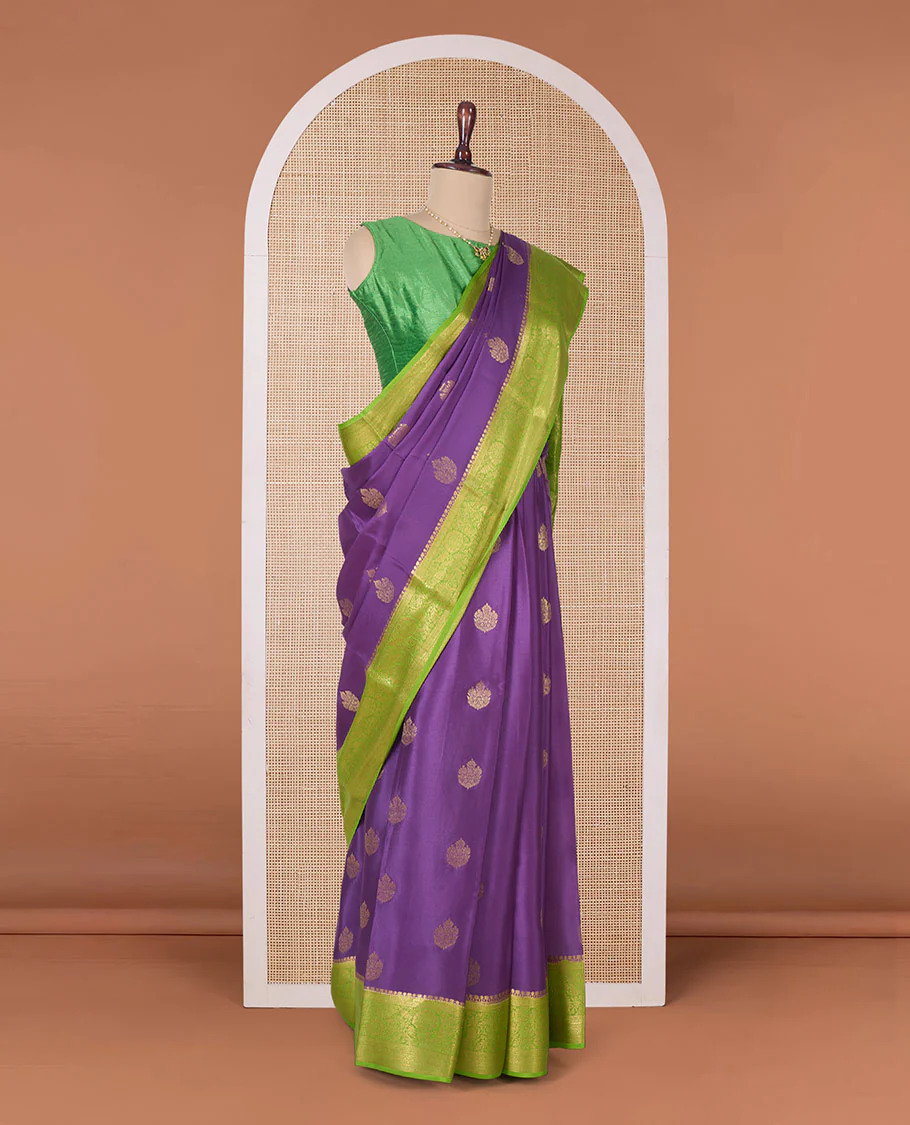 Purple zari buttas Mysore silk saree, contrast floral creeper zari border, and pallu of intricate designs