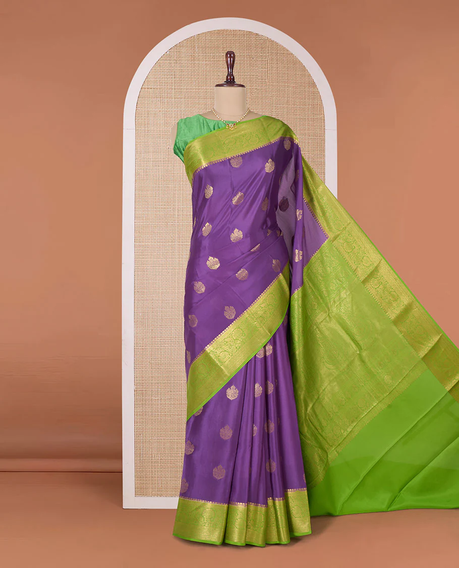 Purple zari buttas Mysore silk saree, contrast floral creeper zari border, and pallu of intricate designs - Image 2